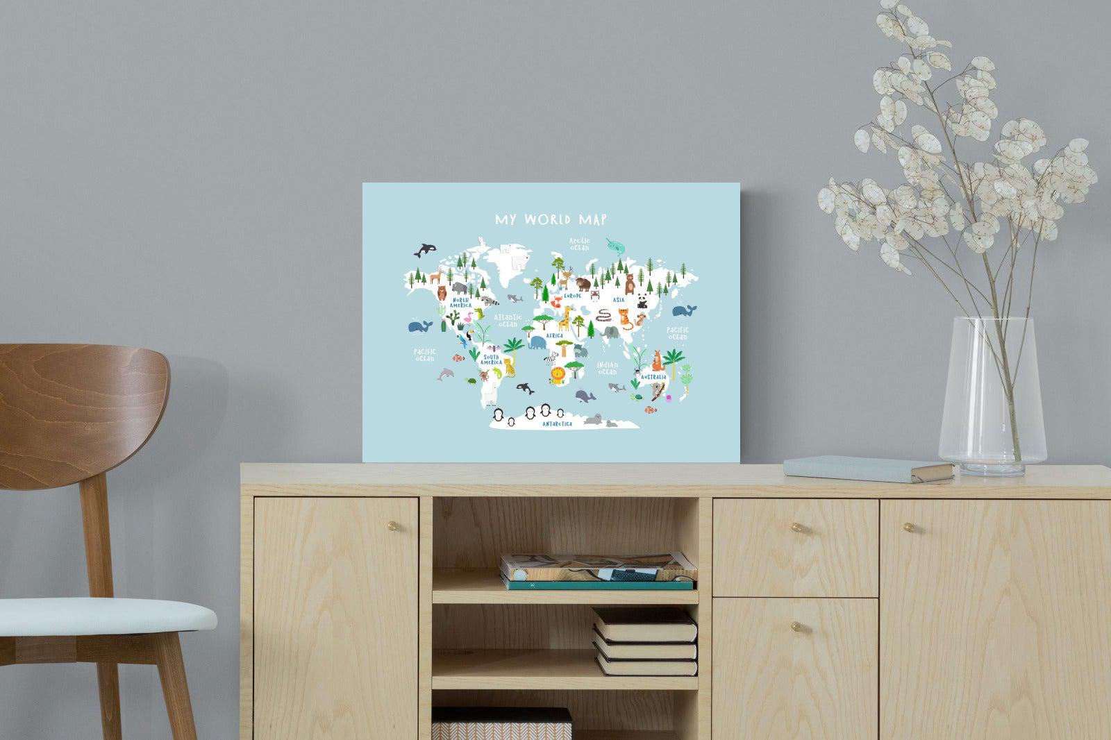 Kids World Map (Blue)-Wall_Art-60 x 45cm-Mounted Canvas-No Frame-Pixalot