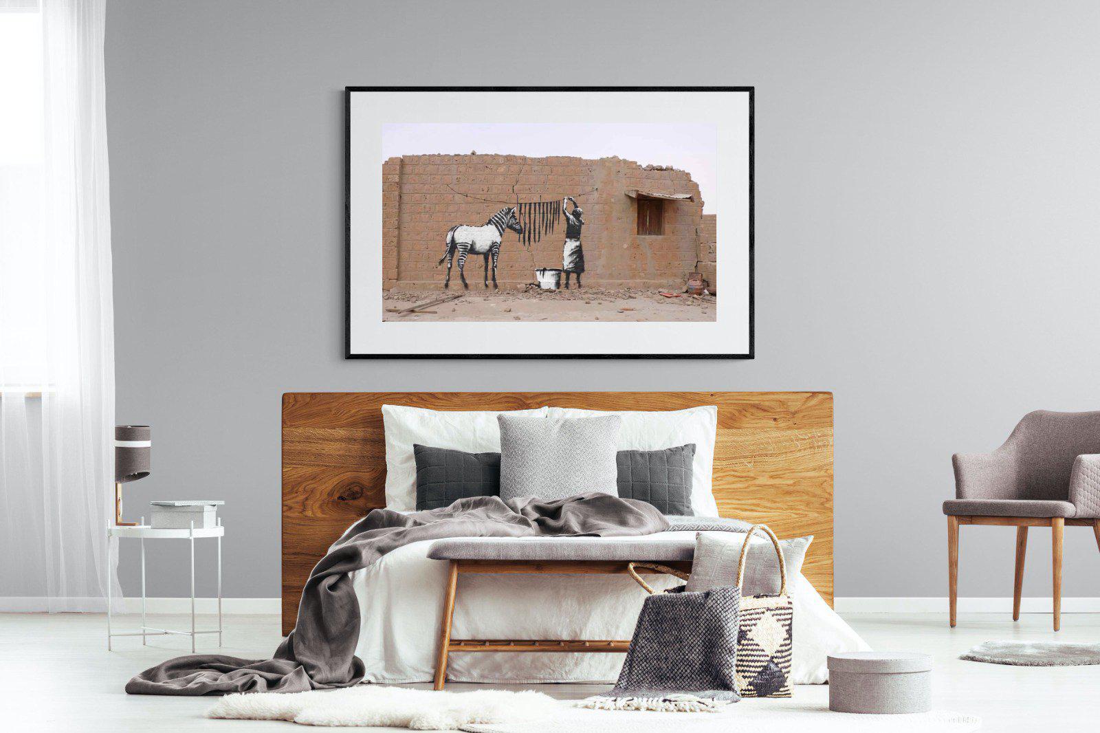 Zebra Washing Line-Wall_Art-150 x 100cm-Framed Print-Black-Pixalot
